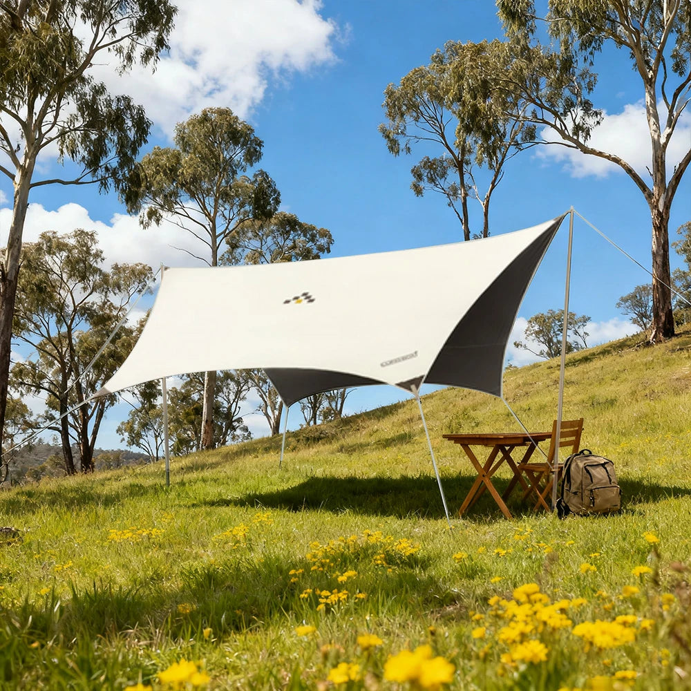 TREKKA 20 Square Meter Hexagonal Blackout Canopy - UPF50 Plus Sun Protection, 2.45m High Poles, Tear-Resistant 210D Oxford Shade Shelter - Beige