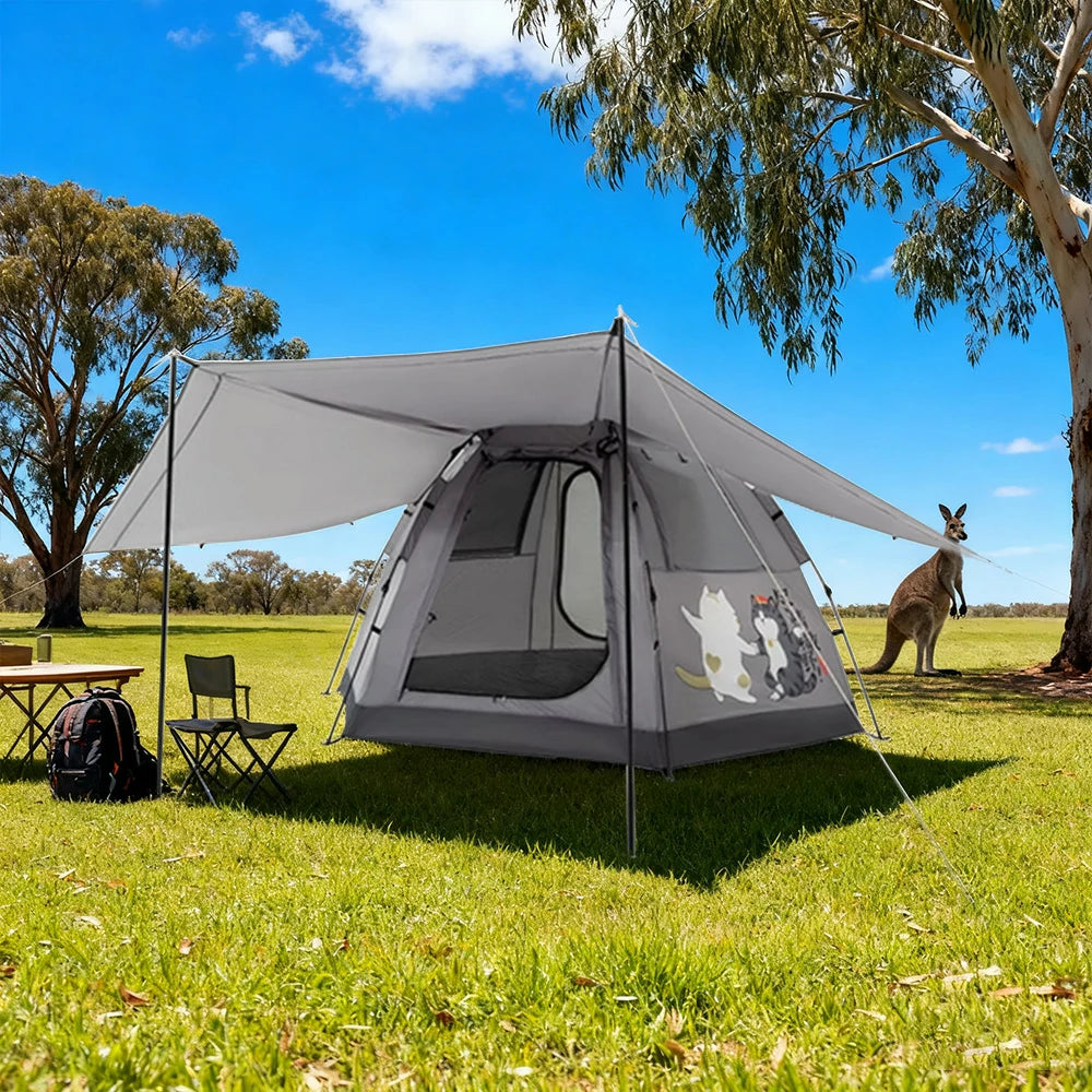 TREKKA Auto-Open Camping Tent with Extended Front Canopy - Fast Setup, Fiberglass Poles, Spacious 4-6 Person Shelter - Elephant Grey