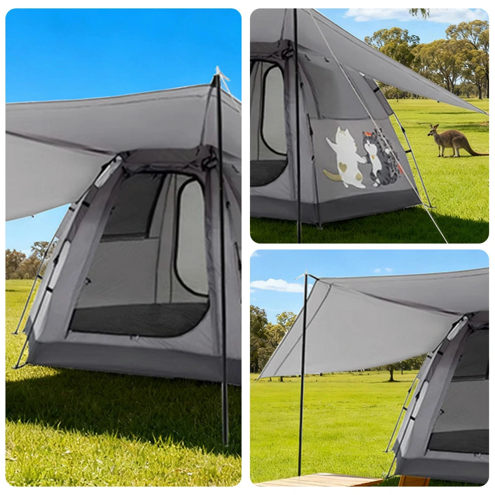 TREKKA Auto-Open Camping Tent with Extended Front Canopy - Fast Setup, Fiberglass Poles, Spacious 4-6 Person Shelter - Elephant Grey