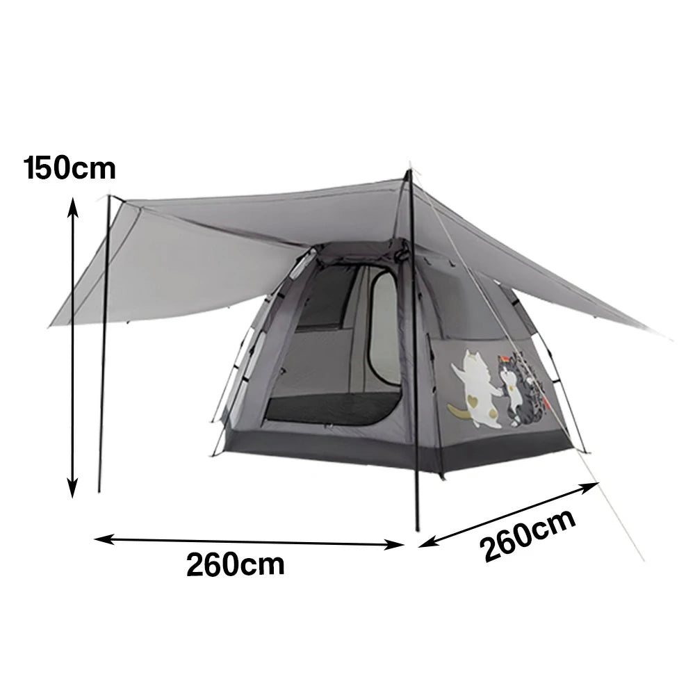 TREKKA Auto-Open Camping Tent with Extended Front Canopy - Fast Setup, Fiberglass Poles, Spacious 4-6 Person Shelter - Elephant Grey