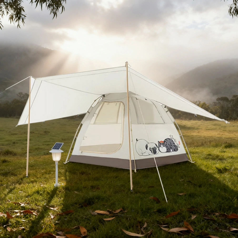 TREKKA Auto-Open Camping Tent with Extended Front Canopy - Fast Setup, Fiberglass Poles, Spacious 4-6 Person Shelter - Beige