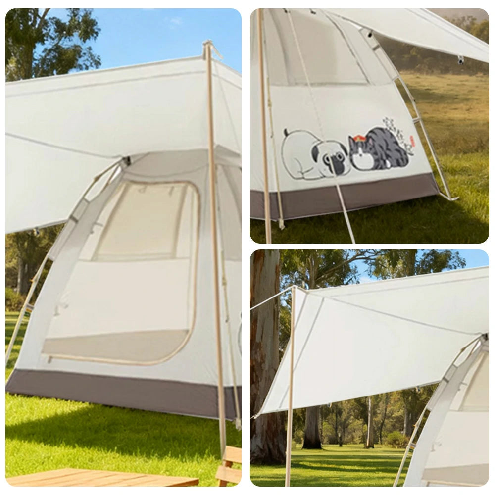 TREKKA Auto-Open Camping Tent with Extended Front Canopy - Fast Setup, Fiberglass Poles, Spacious 4-6 Person Shelter - Beige