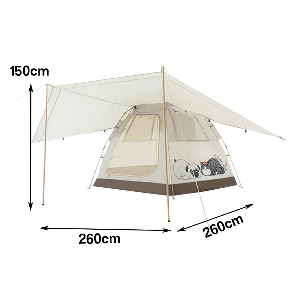 TREKKA Auto-Open Camping Tent with Extended Front Canopy - Fast Setup, Fiberglass Poles, Spacious 4-6 Person Shelter - Beige