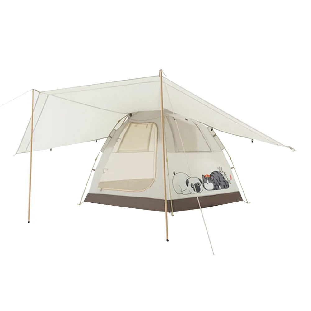 TREKKA Auto-Open Camping Tent with Extended Front Canopy - Fast Setup, Fiberglass Poles, Spacious 4-6 Person Shelter - Beige