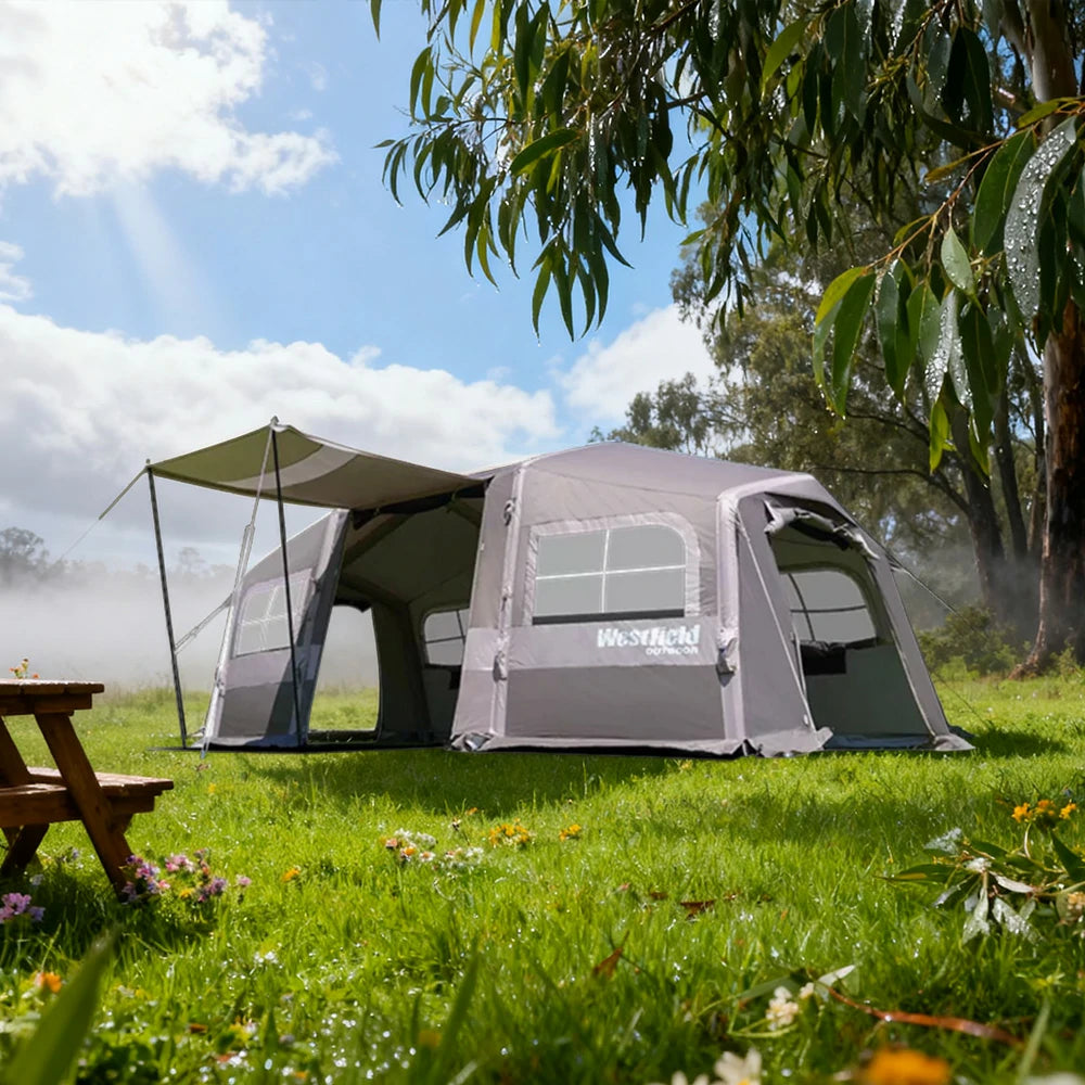 TREKKA Inflatable Tunnel Camping Tent with 21 Sq. m Extra-Large Space and Stove Jack - Fast Setup, Family & Winter Camping Shelter - Grey