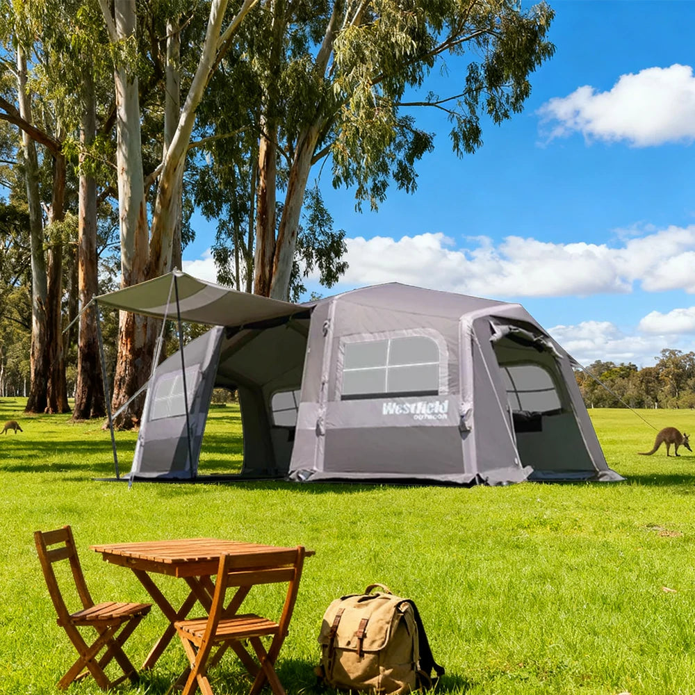 TREKKA Inflatable Tunnel Camping Tent with 21 Sq. m Extra-Large Space and Stove Jack - Fast Setup, Family & Winter Camping Shelter - Grey