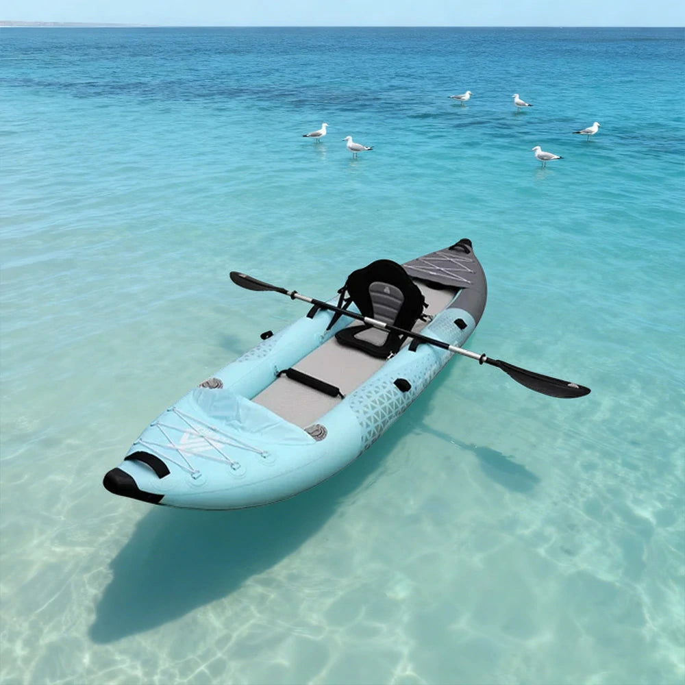 TREKKA 328/388/420cm Inflatable Kayak Elastic Seat, Durable PVC, High-Pressure Valve, Quick-Release Fins, Ideal for Sea & Lake Fishing - Blue