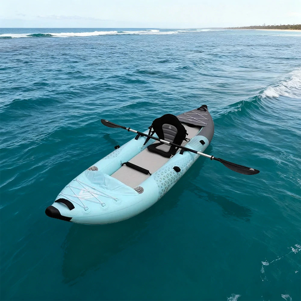 TREKKA 328/388/420cm Inflatable Kayak Elastic Seat, Durable PVC, High-Pressure Valve, Quick-Release Fins, Ideal for Sea & Lake Fishing - Blue