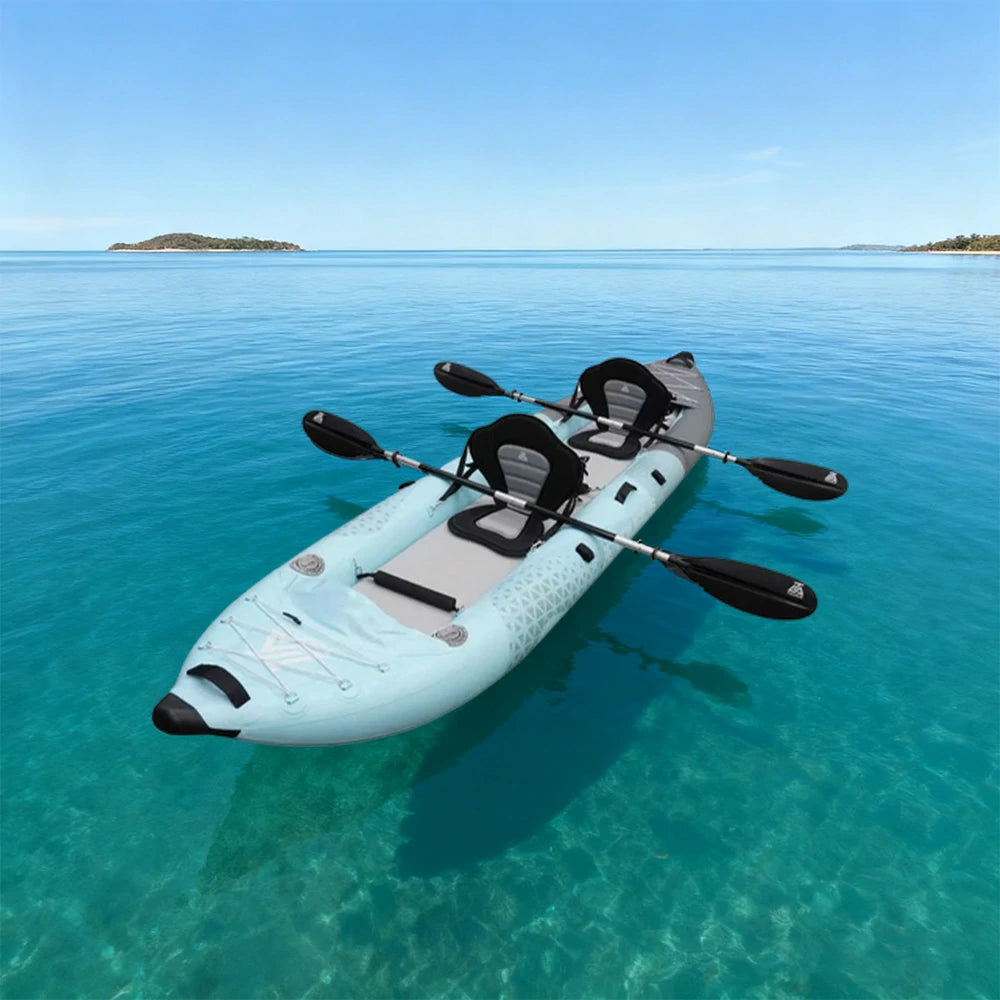 TREKKA 328/388/420cm Inflatable Kayak Elastic Seat, Durable PVC, High-Pressure Valve, Quick-Release Fins, Ideal for Sea & Lake Fishing - Blue