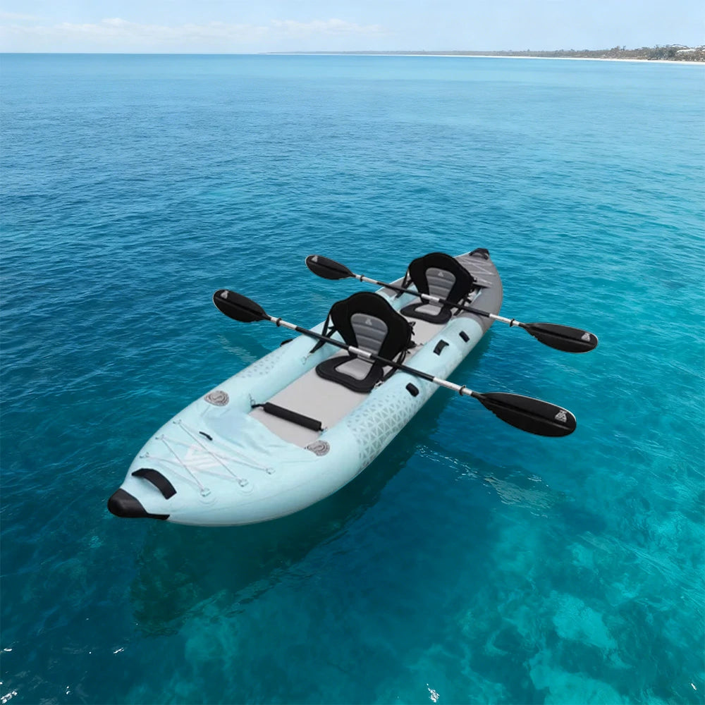 TREKKA 328/388/420cm Inflatable Kayak Elastic Seat, Durable PVC, High-Pressure Valve, Quick-Release Fins, Ideal for Sea & Lake Fishing - Blue