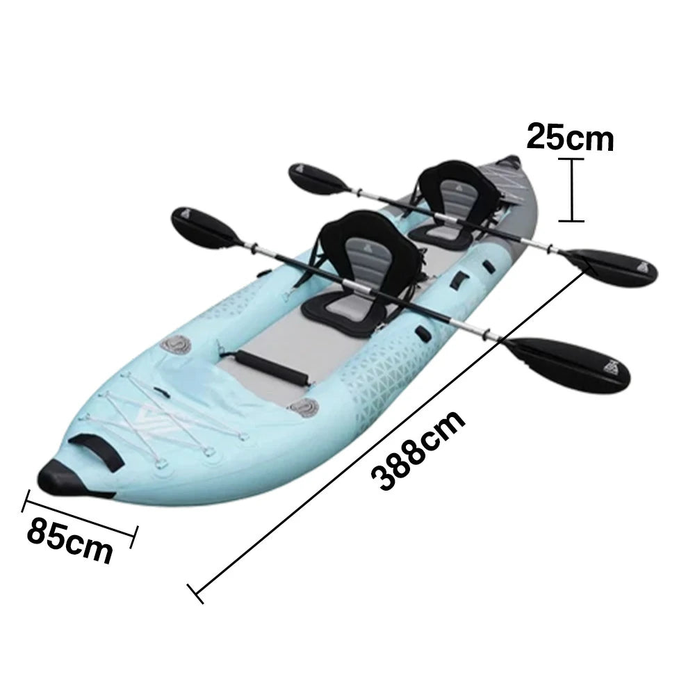 TREKKA 328/388/420cm Inflatable Kayak Elastic Seat, Durable PVC, High-Pressure Valve, Quick-Release Fins, Ideal for Sea & Lake Fishing - Blue