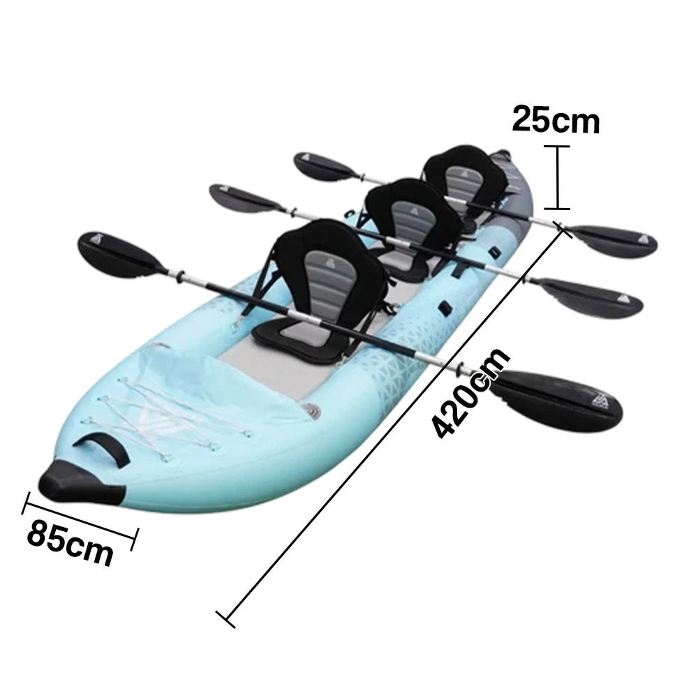 TREKKA 328/388/420cm Inflatable Kayak Elastic Seat, Durable PVC, High-Pressure Valve, Quick-Release Fins, Ideal for Sea & Lake Fishing - Blue
