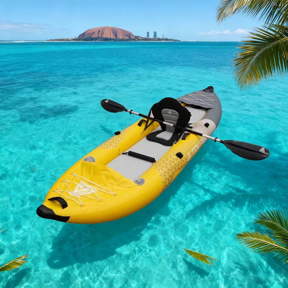 TREKKA 328/388/420cm Inflatable Kayak Elastic Seat, Durable PVC, High-Pressure Valve, Quick-Release Fins, Ideal for Sea & Lake Fishing - Yellow