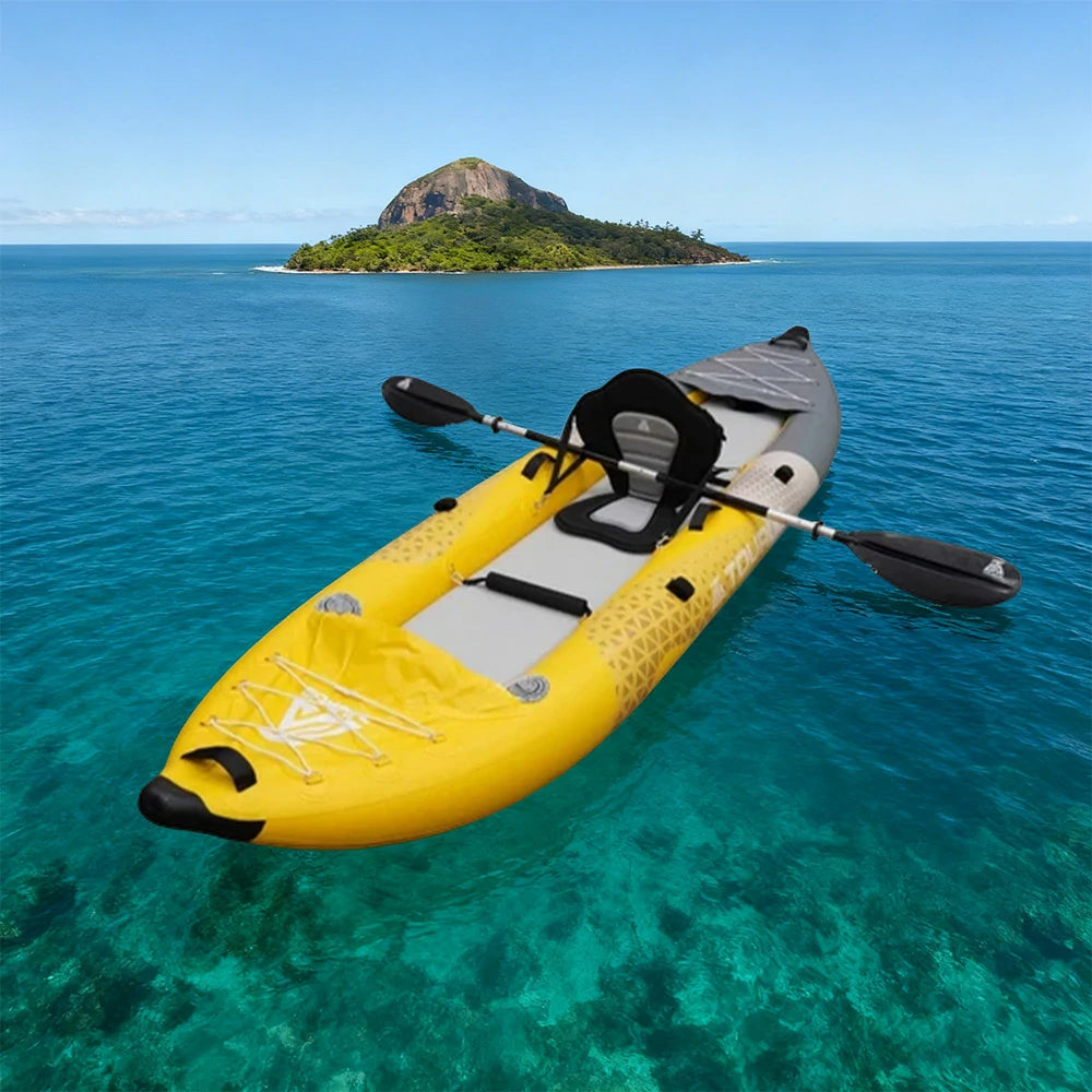 TREKKA 328/388/420cm Inflatable Kayak Elastic Seat, Durable PVC, High-Pressure Valve, Quick-Release Fins, Ideal for Sea & Lake Fishing - Yellow