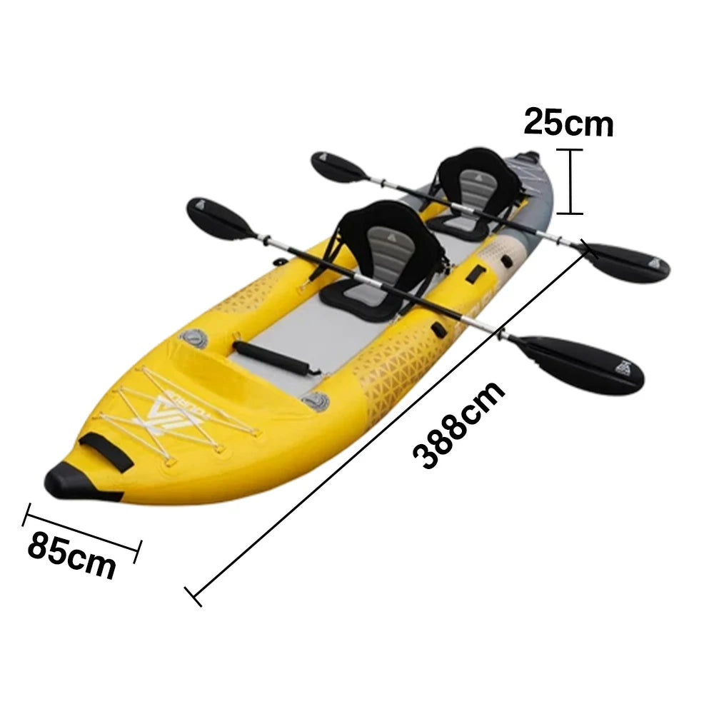 TREKKA 328/388/420cm Inflatable Kayak Elastic Seat, Durable PVC, High-Pressure Valve, Quick-Release Fins, Ideal for Sea & Lake Fishing - Yellow