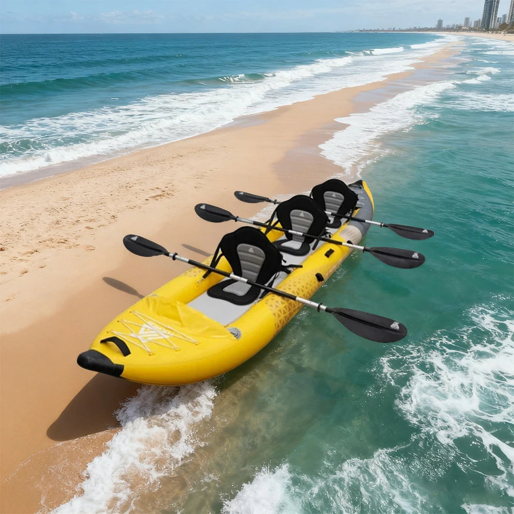TREKKA 328/388/420cm Inflatable Kayak Elastic Seat, Durable PVC, High-Pressure Valve, Quick-Release Fins, Ideal for Sea & Lake Fishing - Yellow