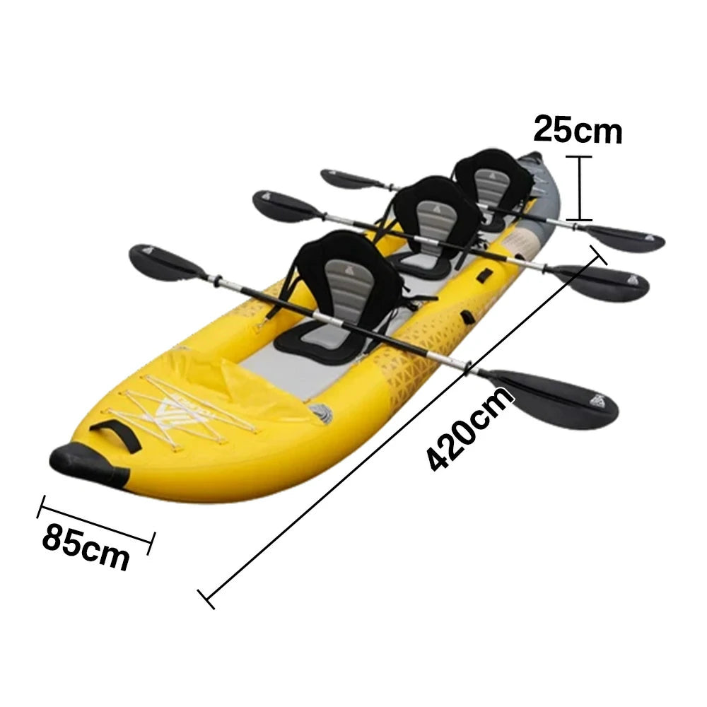 TREKKA 328/388/420cm Inflatable Kayak Elastic Seat, Durable PVC, High-Pressure Valve, Quick-Release Fins, Ideal for Sea & Lake Fishing - Yellow