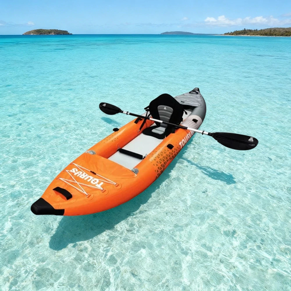 TREKKA Inflatable Kayak Elastic Seat, Durable PVC, High-Pressure Valve, Quick-Release Fins, Ideal for Sea & Lake Fishing - Orange