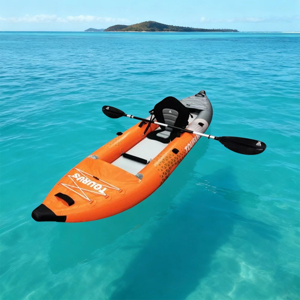 TREKKA Inflatable Kayak Elastic Seat, Durable PVC, High-Pressure Valve, Quick-Release Fins, Ideal for Sea & Lake Fishing - Orange