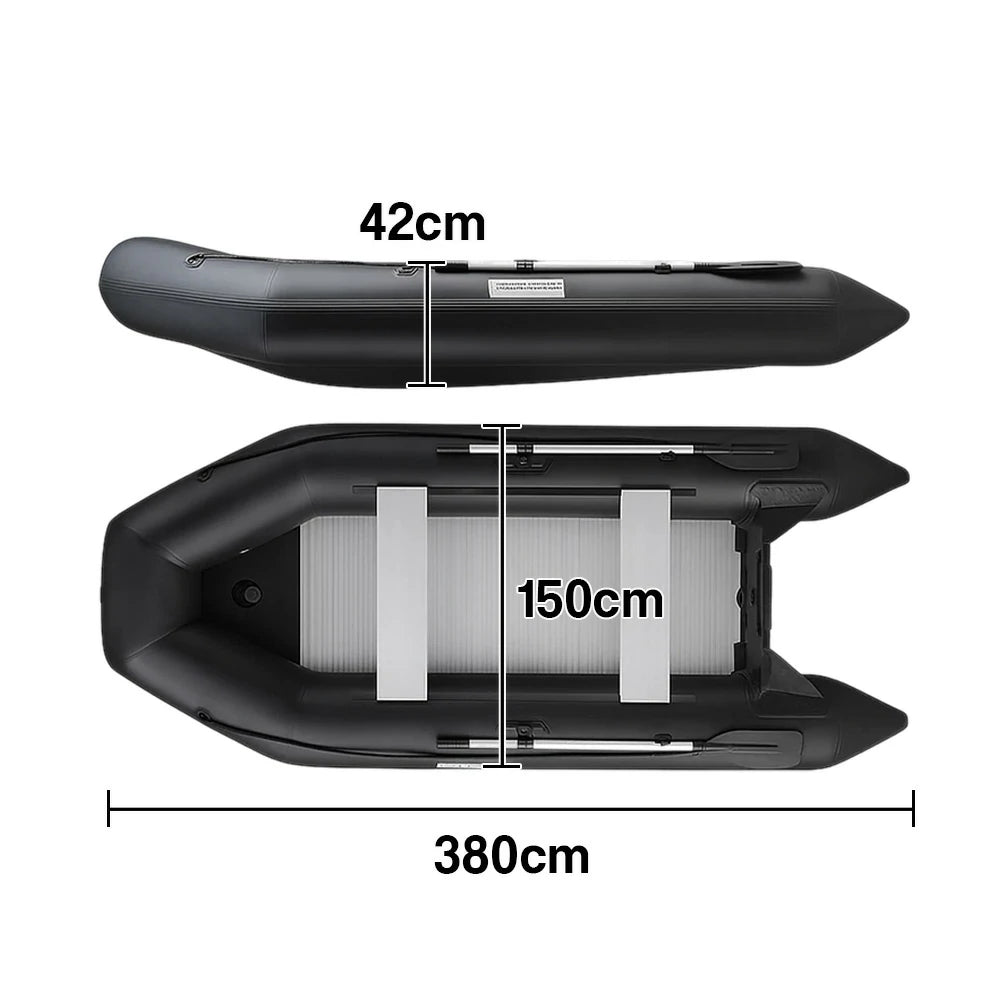 TREKKA 380cm Inflatable Kayak Durable PVC Construction Multi-Chamber Design Quick-Drain Valve Ideal for Fishing & Recreation - Black