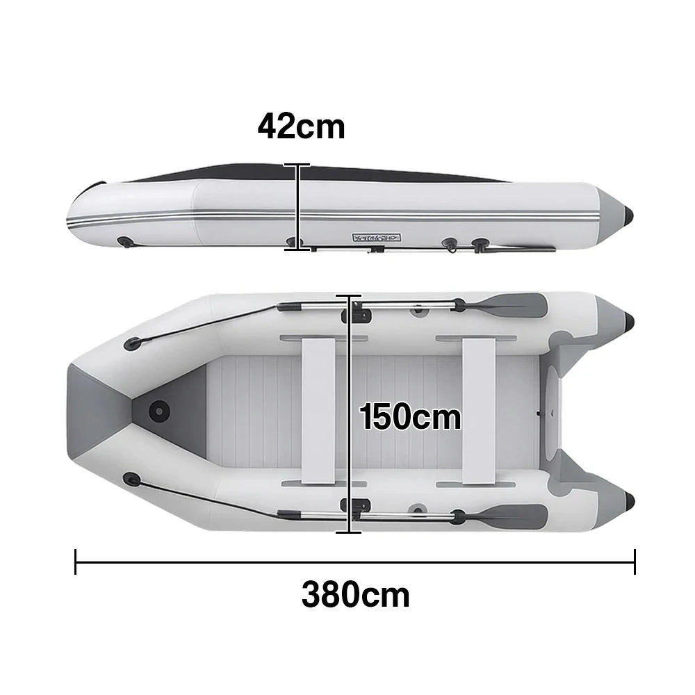 TREKKA 380cm Inflatable Kayak Durable PVC Construction Multi-Chamber Design Quick-Drain Valve Ideal for Fishing & Recreation - Grey
