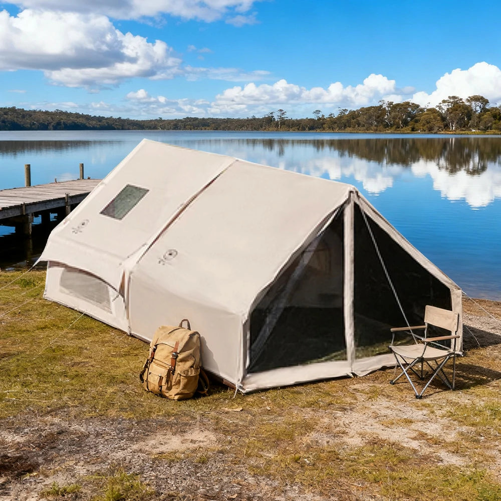 TREKKA Inflatable Camping Tent with Blackout Vestibule - UPF50+ Sun Protection, All-Season Shelter for 2–4 People - Beige