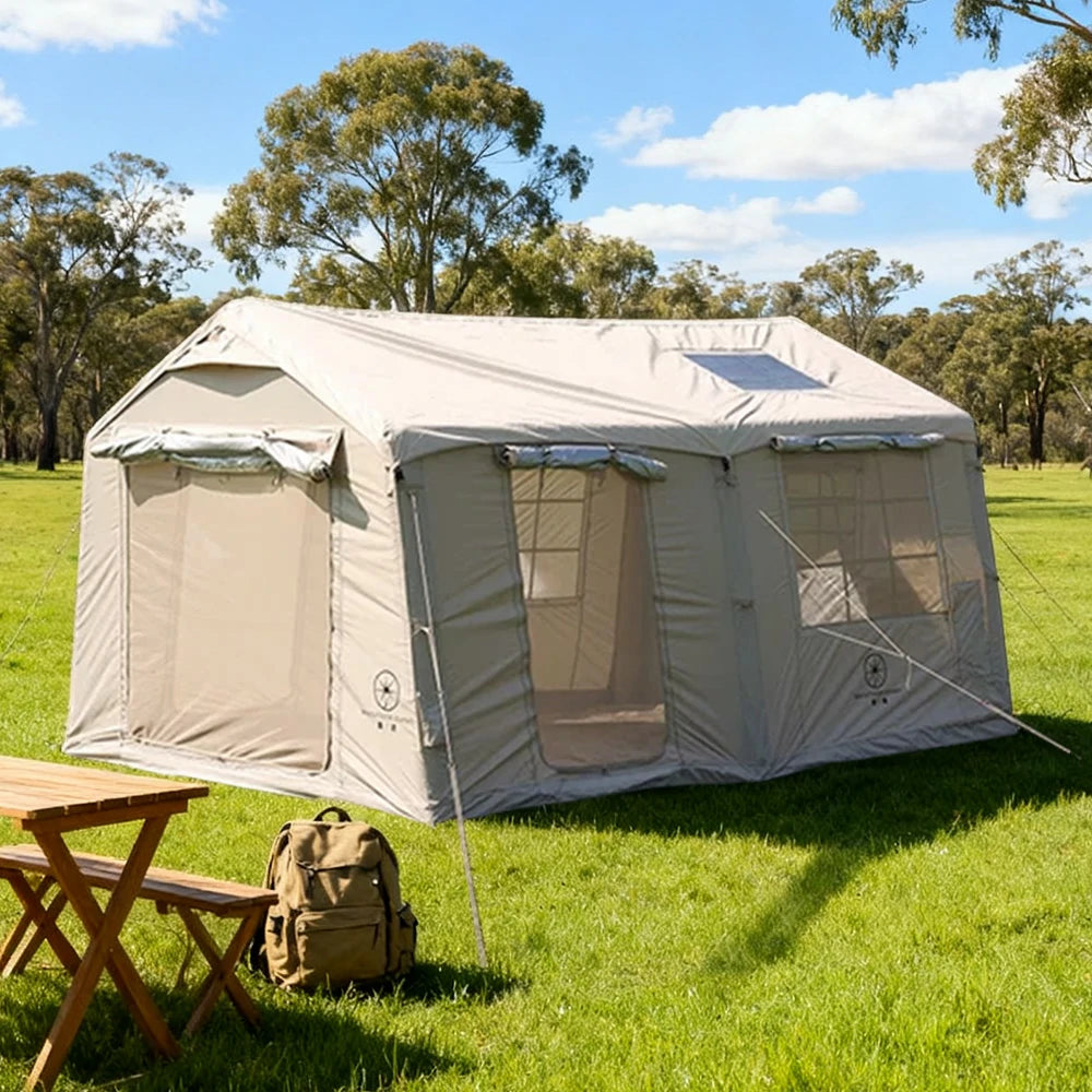 TREKKA 12X Inflatable Camping Tent with Oxford Fabric - Quick Inflation Setup, Stable Air-Beam Structure, Spacious Family Shelter - Beige