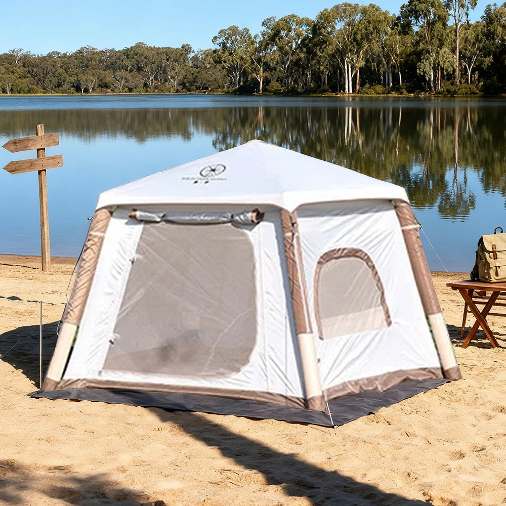 TREKKA Inflatable Camping Tent with Silver-Coated Roof - UPF50+ Sun Protection, Easy Setup, Compact Shelter for 2-4 People - Cream White