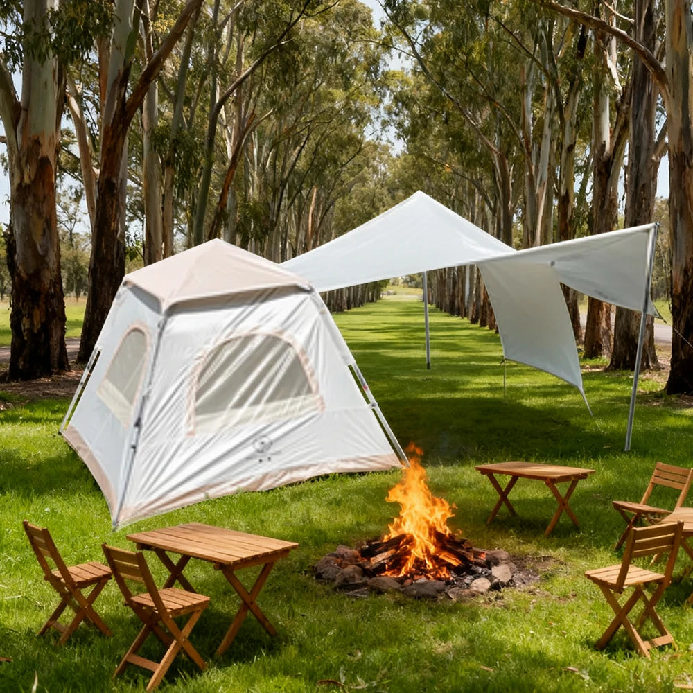 TREKKA Frame-Supported Auto-Open Camping Tent with Silver-Coated Canopy - Quick Setup, UPF50+ Sun Protection, Compact Outdoor Shelter - Light Khaki