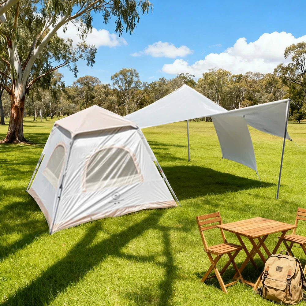 TREKKA Frame-Supported Auto-Open Camping Tent with Silver-Coated Canopy - Quick Setup, UPF50+ Sun Protection, Compact Outdoor Shelter - Light Khaki