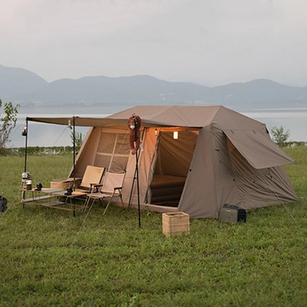 TREKKA Ridge-Style Camping Tent with Approx. 13 Sq. m Space - Two-Room One-Living-Area Layout, Auto-Open Design, Spacious Family Shelter - Brown