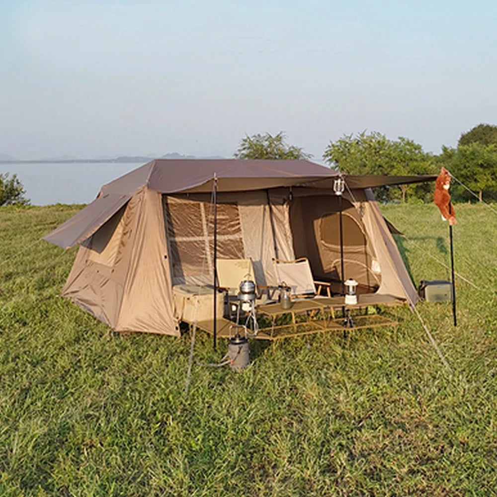 TREKKA Ridge-Style Camping Tent with Approx. 13 Sq. m Space - Two-Room One-Living-Area Layout, Auto-Open Design, Spacious Family Shelter - Brown