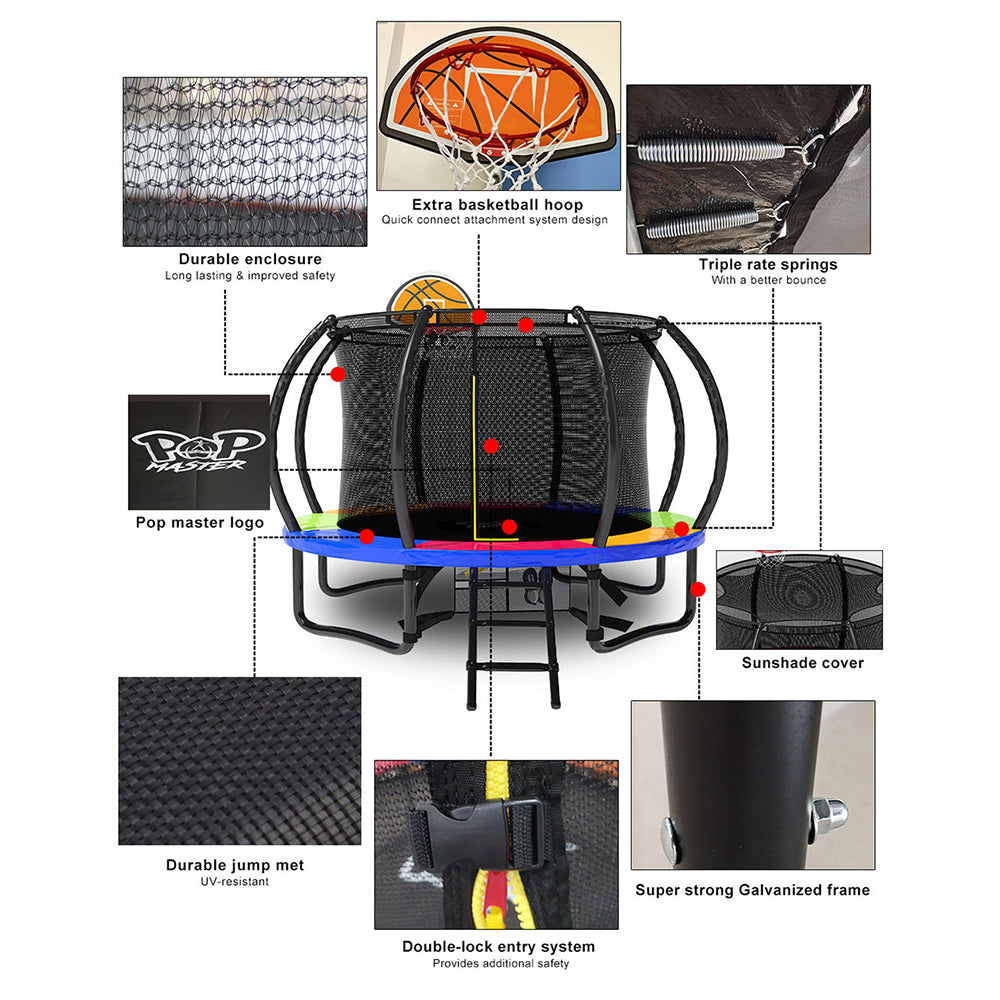 POP MASTER 6/8/10/12/14/16FT Curved Trampoline With PE Sunshade Cover