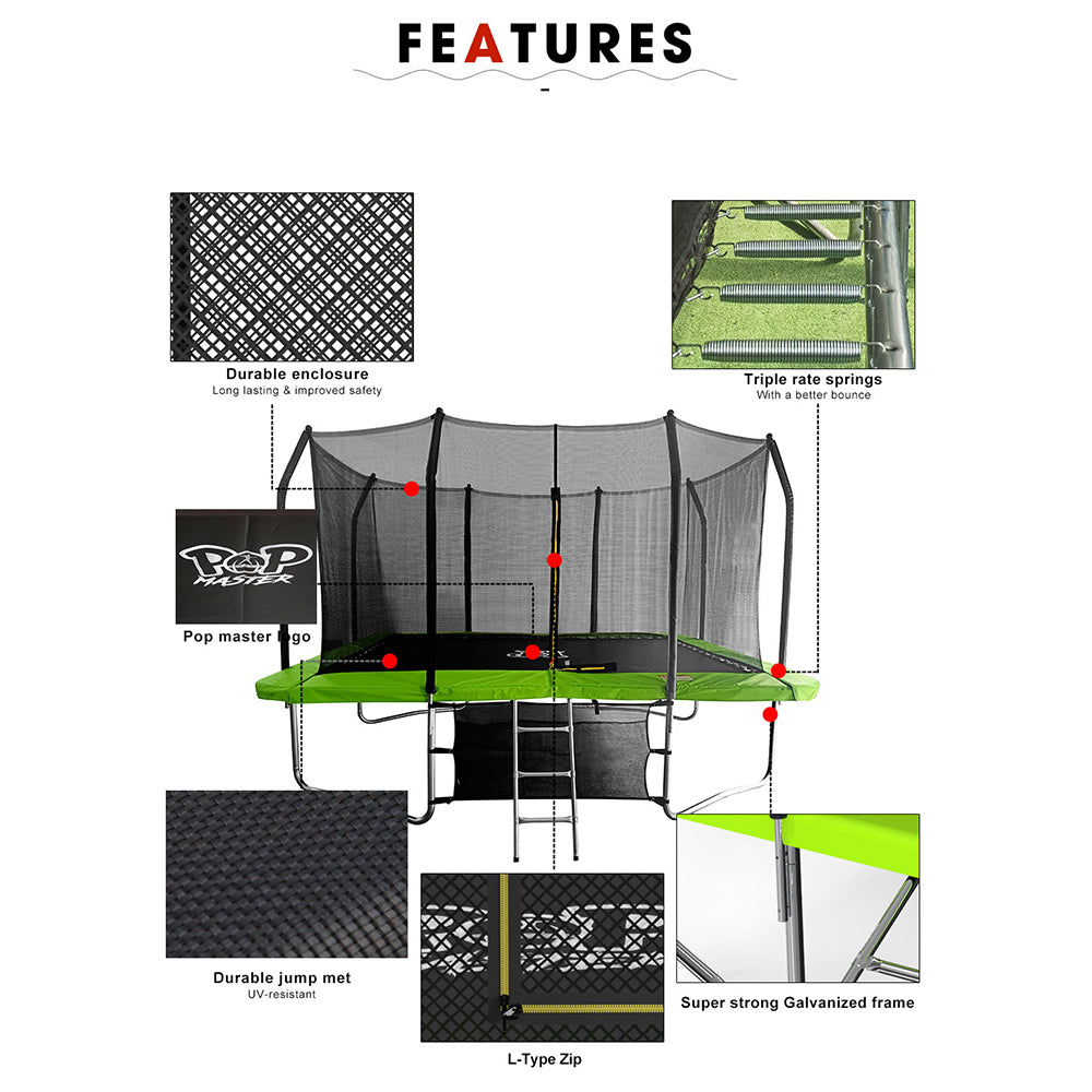 POP MASTER 9FT x 12FT Rectangular Trampoline with Spring Ladder Safety Net Kids