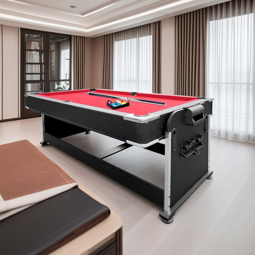 VERSA 4-IN-1 7FT Convertible Table Air Hockey, Pool Billiards, Dining, and Table Tennis for Billiard Game Rooms with Free Accessories - Red Felt