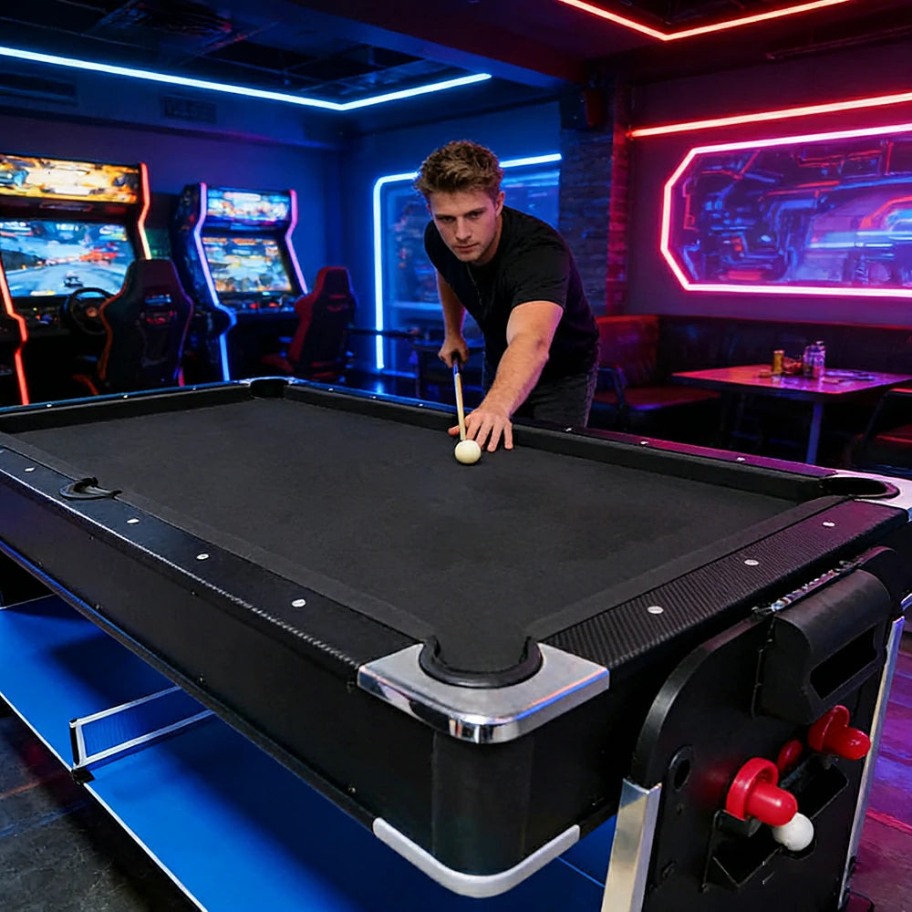 VERSA 7FT 4-In-1 Convertible Air Hockey/ Pool Billiards/ Dining Table / Table Tennis Table Blue/ Black Felt For Billiard Gaming Room Free Accessory