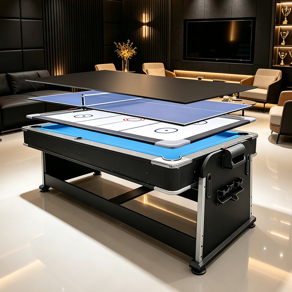 VERSA 7FT 4-In-1 Convertible Air Hockey/ Pool Billiards/ Dining Table / Table Tennis Table Blue/ Black Felt For Billiard Gaming Room Free Accessory (Copy)