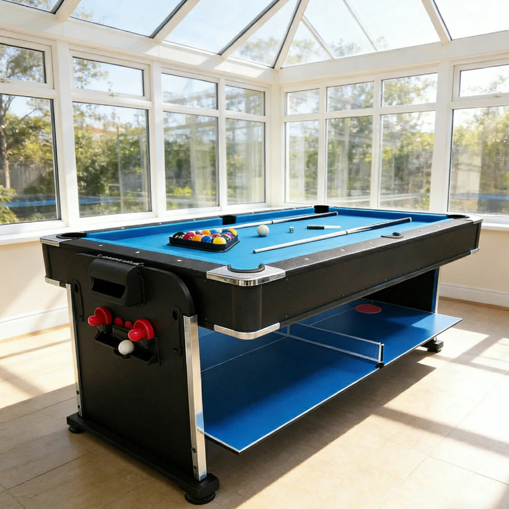 VERSA 7FT 4-In-1 Convertible Air Hockey/ Pool Billiards/ Dining Table / Table Tennis Table Blue/ Black Felt For Billiard Gaming Room Free Accessory
