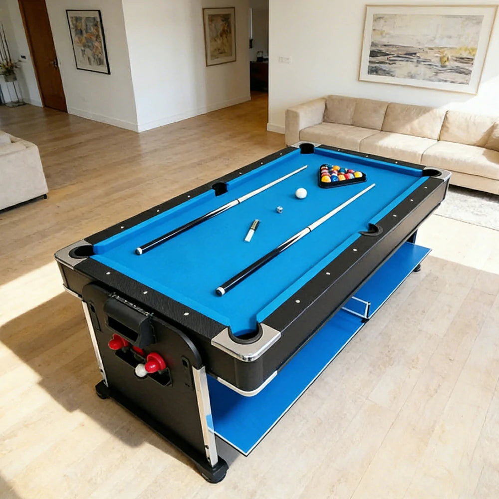 VERSA 7FT 4-In-1 Convertible Air Hockey/ Pool Billiards/ Dining Table / Table Tennis Table Blue/ Black Felt For Billiard Gaming Room Free Accessory