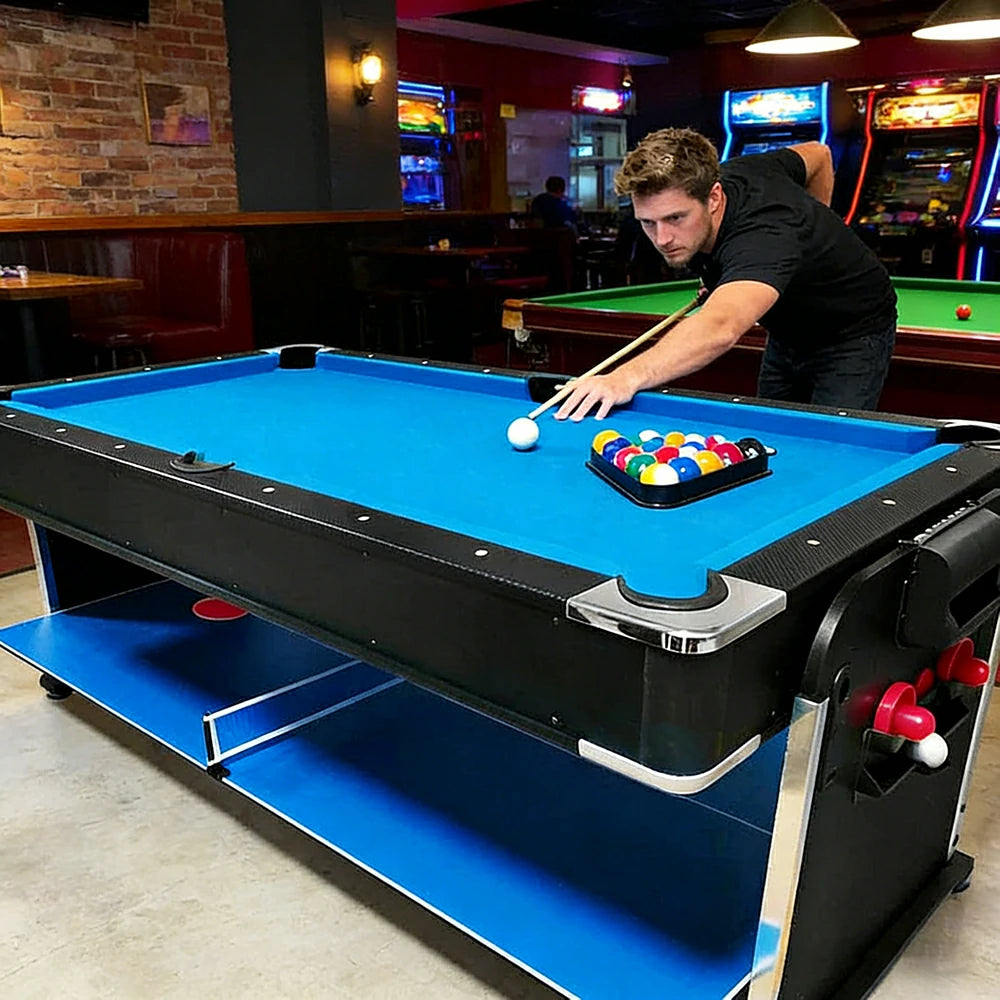 VERSA 7FT 4-In-1 Convertible Air Hockey/ Pool Billiards/ Dining Table / Table Tennis Table Blue/ Black Felt For Billiard Gaming Room Free Accessory