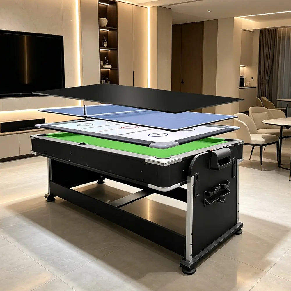 VERSA 4-IN-1 7FT Convertible Table Air Hockey, Pool Billiards, Dining, and Table Tennis for Billiard Game Rooms with Free Accessories - Green Felt