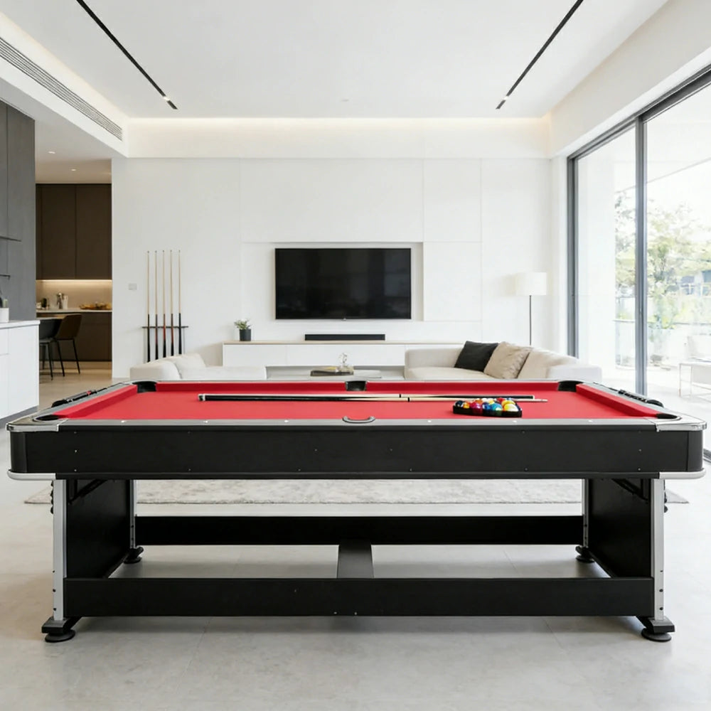VERSA 4-IN-1 7FT Convertible Table Air Hockey, Pool Billiards, Dining, and Table Tennis for Billiard Game Rooms with Free Accessories - Red Felt