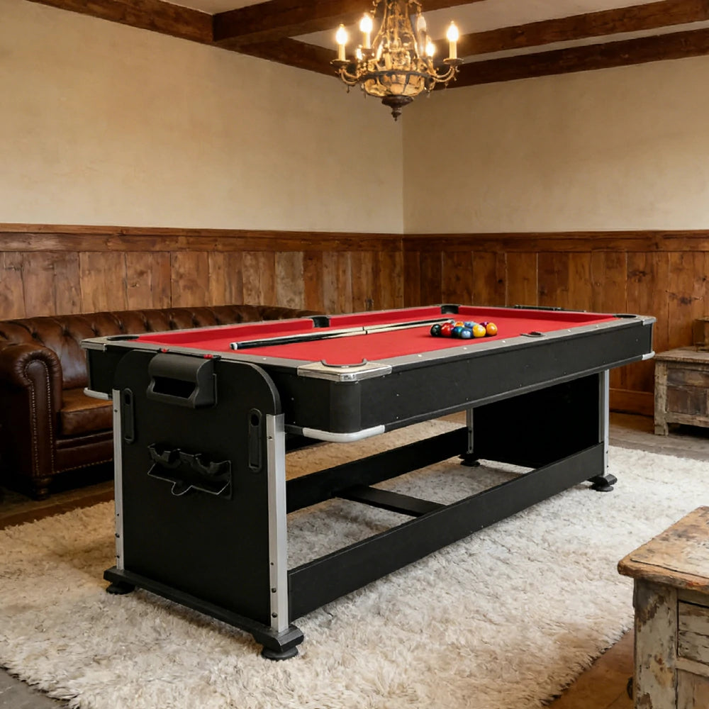 VERSA 4-IN-1 7FT Convertible Table Air Hockey, Pool Billiards, Dining, and Table Tennis for Billiard Game Rooms with Free Accessories - Red Felt