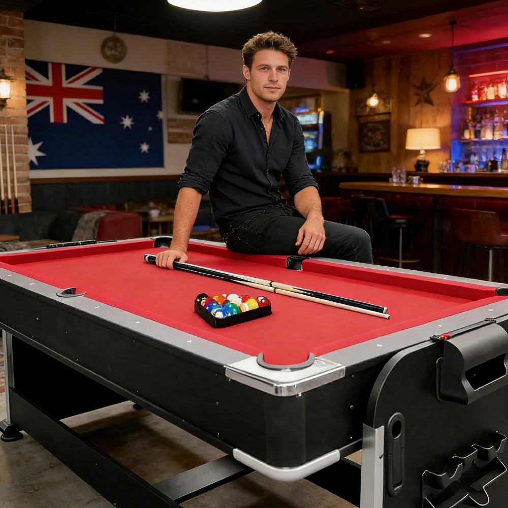 VERSA 4-IN-1 7FT Convertible Table Air Hockey, Pool Billiards, Dining, and Table Tennis for Billiard Game Rooms with Free Accessories - Red Felt