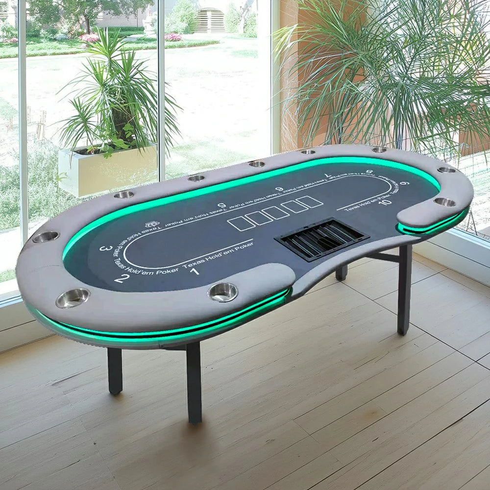 VERSA Foldable Poker Table with LED Lights - 213/240/260cm - Premium Home Game Edition, Multi-Player Layout - Blue&Grey