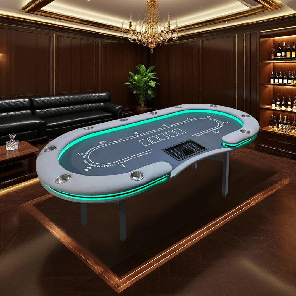 VERSA Foldable Poker Table with LED Lights - 213/240/260cm - Premium Home Game Edition, Multi-Player Layout - Blue&Grey
