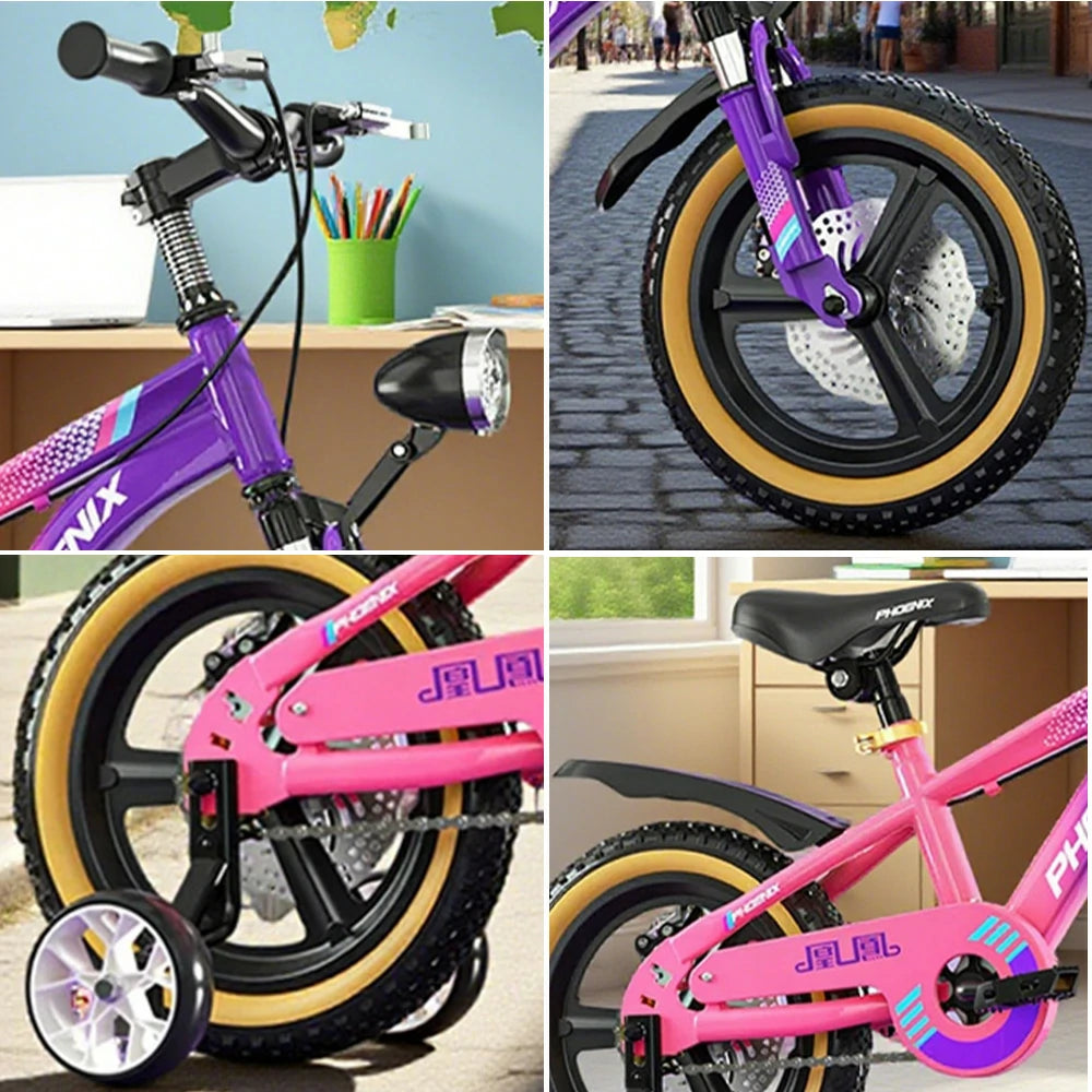 VOLTUS 14/18/22 Inch Children's Bicycle Foot Support & Training Wheels Magnesium Alloy Integrated Wheel - Pink&Purple
