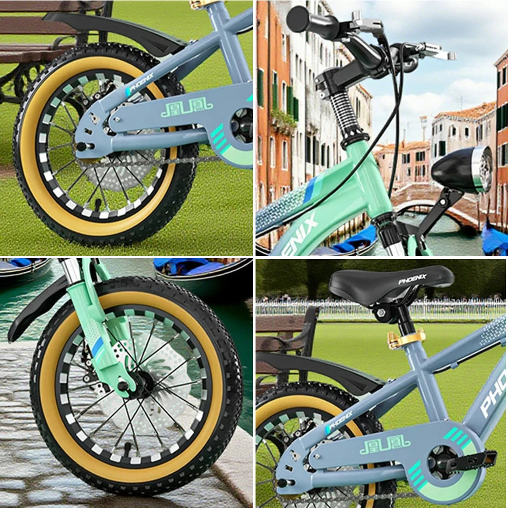 VOLTUS 14/18/22 Inch Children's Bicycle Foot Support & Training Wheels Magnesium Alloy Integrated Wheel CNC Double-Layer Knife Ring - Grey&Green