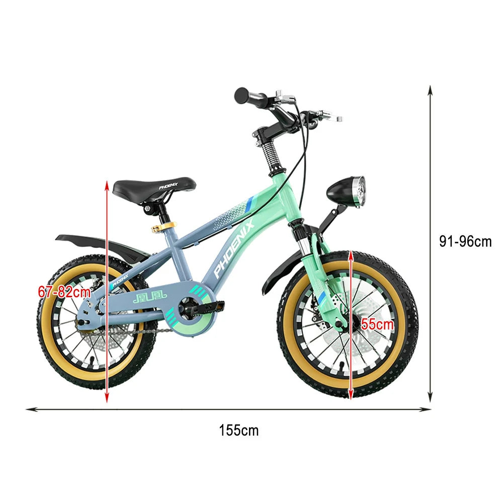 VOLTUS 14/18/22 Inch Children's Bicycle Foot Support & Training Wheels Magnesium Alloy Integrated Wheel CNC Double-Layer Knife Ring - Grey&Green