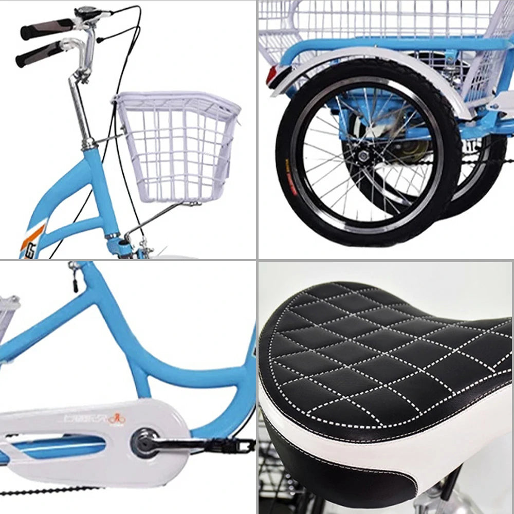 VOLTUS Adult Three Wheel Bicycle Variable Speed Upgraded Seat Comfort Tire Reinforcement-Red/Blue/Silvery